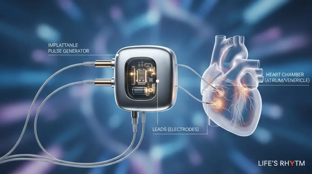 Imagen de un marcapasos del corazón con sus partes principales- clinica de insuficiencia cardiaca